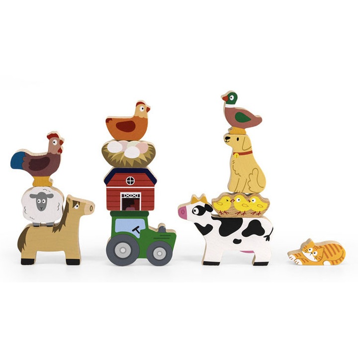 Figurine de joacă din lemn - Viga Toys, fermă, 12 figurine, săculeț textil, potrivite pentru 18+ luni