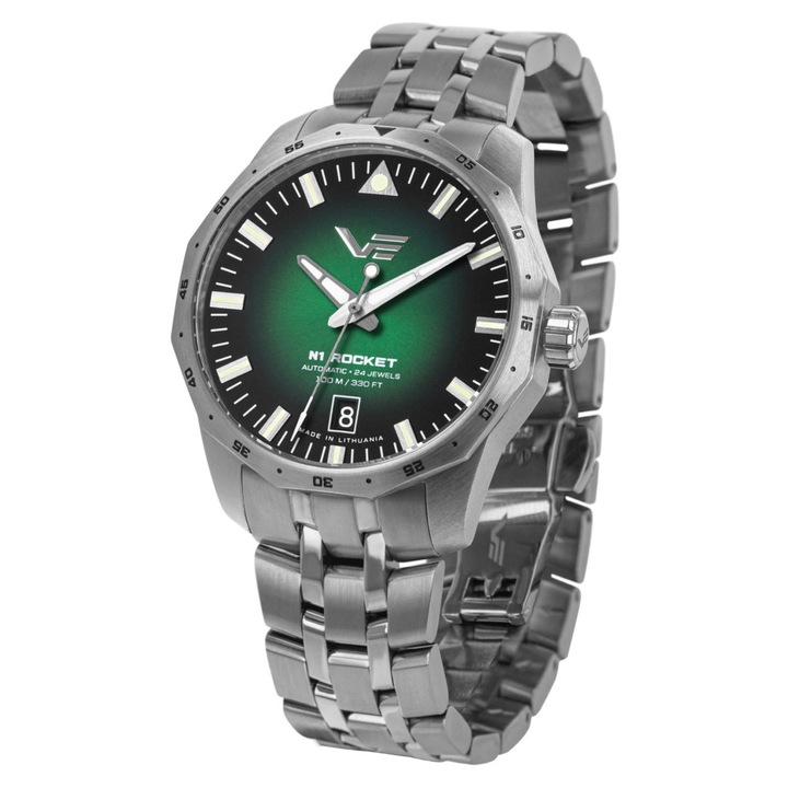 Ceas dama, Vostok Europe, Rocket N-1 Automatic, 39mm, Gri / Verde, bratara din otel inoxidabil, rezistent la apa 100m