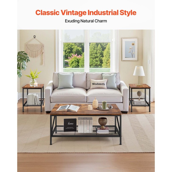 Комплект маси за всекидневна, 3 части, индустриална холна маса 105 см, 2 квадратни странични масички, лесни за сглобяване, метални крака, идеални за офис/апартамент