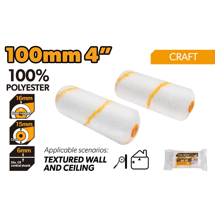 Rola trafalet TOLSEN Craft 100mm / 4", set 2 buc, poliester 100%, inaltime fibra 16mm, miez 15mm, diametru tija 6mm, productie termofuzie, ideala pentru pereti si tavane texturate, vopsele dispersive, semi-dispersive, acrilice si grund