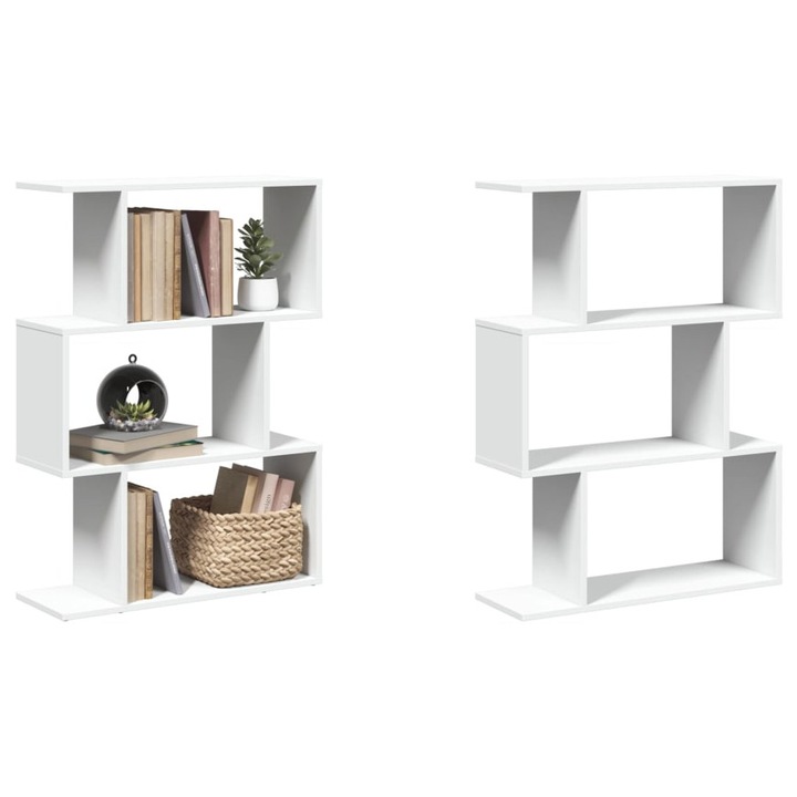 Biblioteca/separator camera, 3 niveluri, alb, 70x24x97 cm, lemn