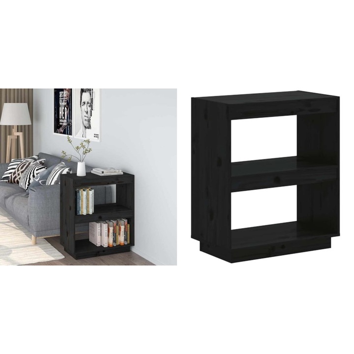 Biblioteca, negru, 60x35x71 cm, lemn masiv de pin