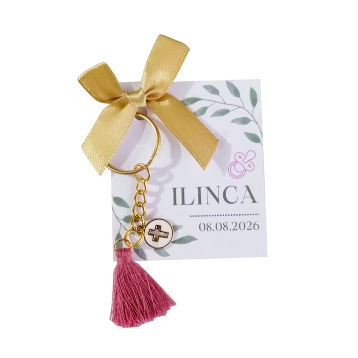 Marturie Botez Breloc auriu cu roz si Cruciulita, Cartonas si Saculet Organza Alb