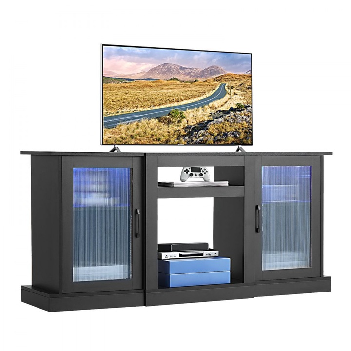 Модерен ТВ шкаф, за телевизори до 1651 мм, осветена лента, дървен шкаф със стъклени врати, регулируеми рафтове, идеален за всекидневна и спалня, черен цвят