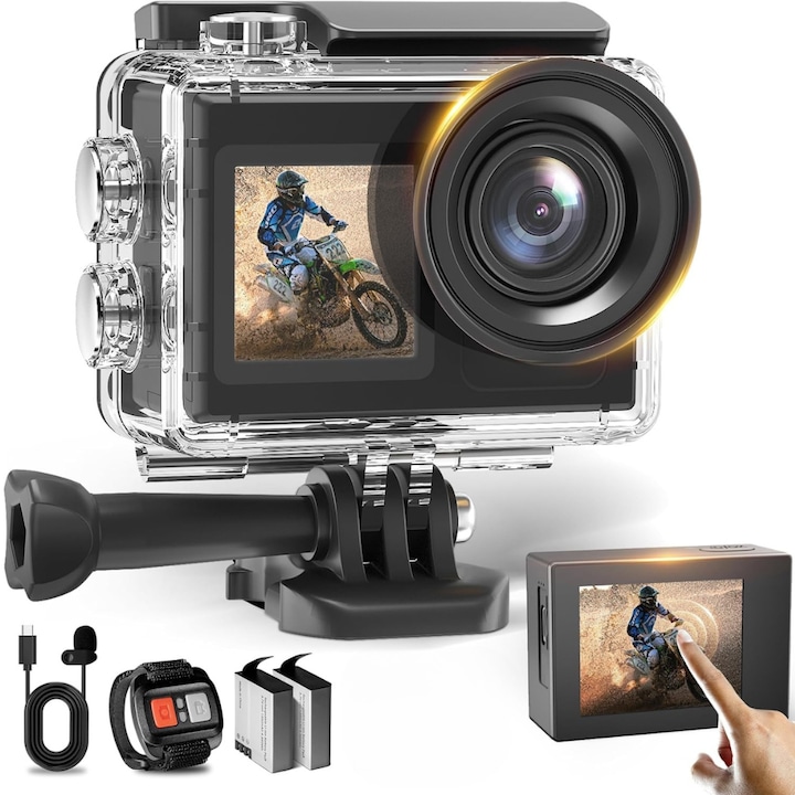 Екшън камера Velixo, WiFi, Резолюция 5K/30FPS/24MP, HD LCD Екран 2.0”, Регулируем Ъгъл 170°, Водоустойчивост 40M, Стабилизация на Изображението EIS, Аксесоари за Монтаж, 2 Батерии 1350 mAh, Черен