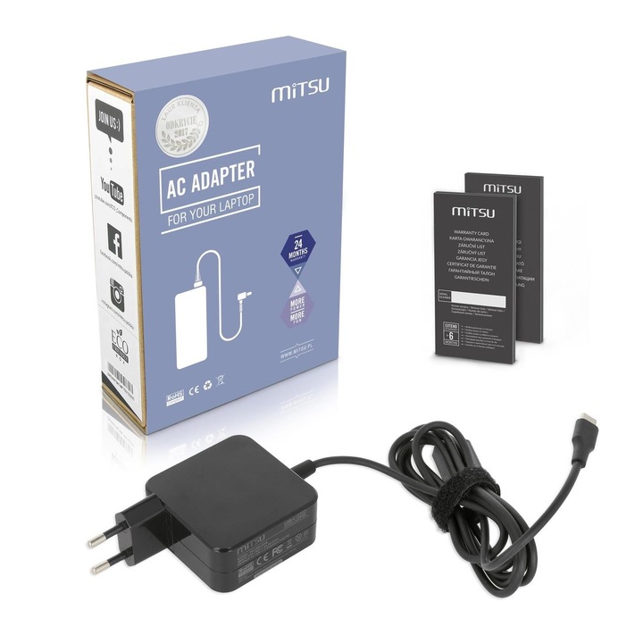 Зарядно за лаптоп Mitsu 45W USB Type C, защита от пренапрежение, черно, 1.10м