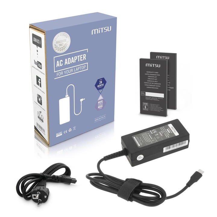 Mitsu 45W USB-C laptop töltő, 5-20V, 2-3A, fekete, komplett szett