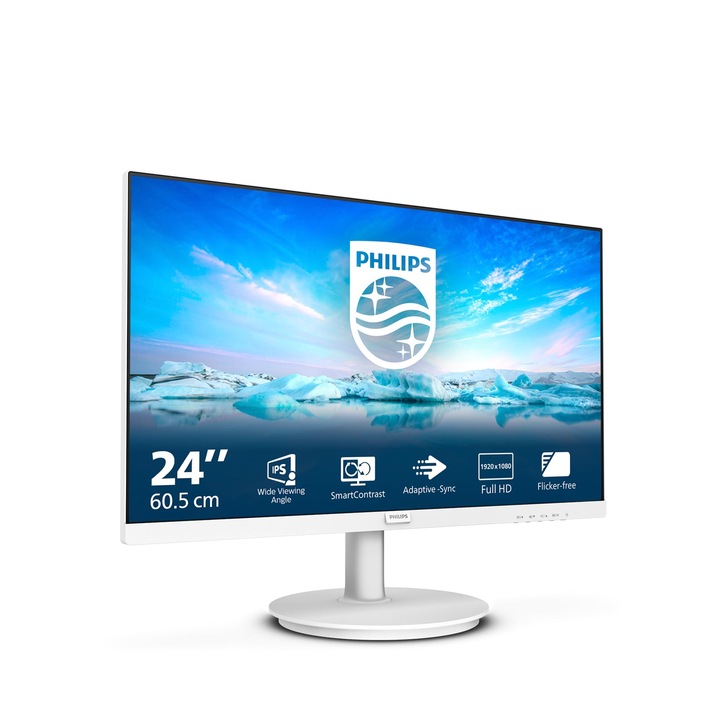Philips 241V8Aw - Монитор Full Hd 24 инча, вградени високоговорители, без трептене (1920x1080, 75 Hz, Vga, Hdmi) бял