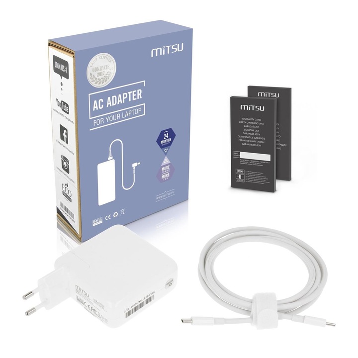 Зарядно за лаптоп Mitsu 61W USB-C, 5-20.3V, 3A, бяло, пълен комплект