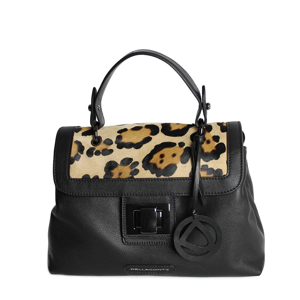 Geanta Dama din piele naturala, Dellaconte, Leopard Neagra