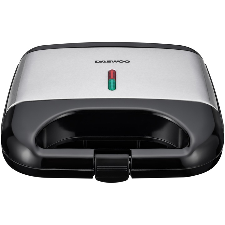 Sandwich maker Daewoo DSM20X, 800 W, placi neaderente, indicator luminos, maner Cool Touch, clapeta de blocare, Inox/Negru