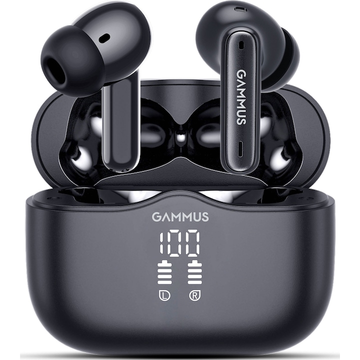 Casti wireless bluetooth GAMMUS® Sonic cu anulare activa zgomot (ANC+ENC), Fara fir, in-ear, Casti Bluetooth 5.4, Audio Hi-Fi, 4 Microfone HD, Noise Cancelling, Earbuds, Handsfree, Afisaj LED, Control tactil, Sport Alergare, Telefon, Universal, Negru