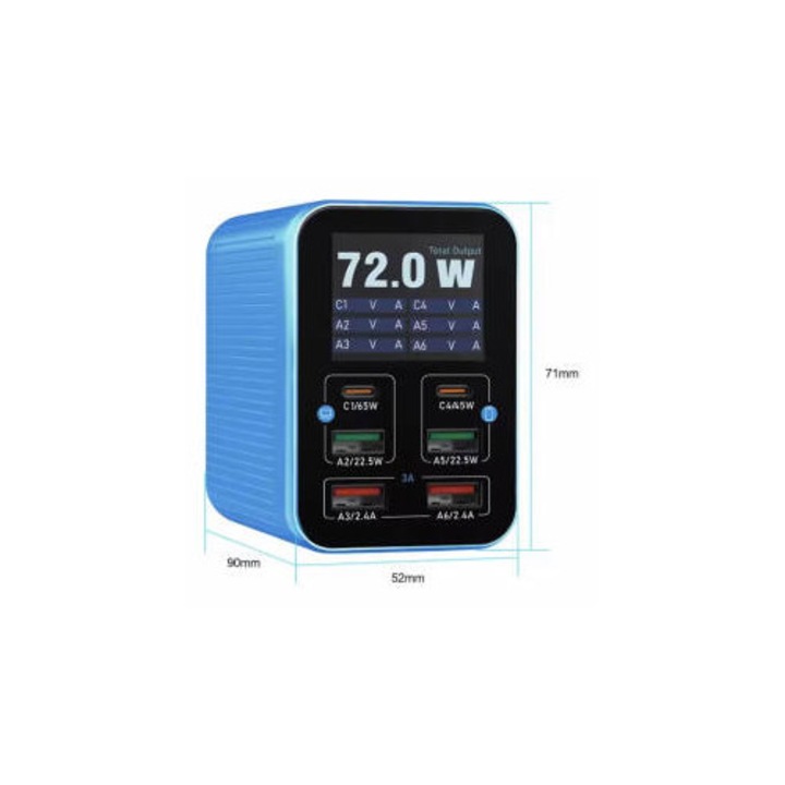 Incarcator Relife Statie Q4 72W 5A 2 x USB-C - 4 x USB-A Albastru