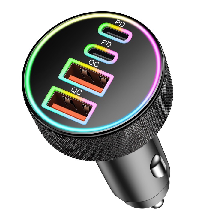 Autós töltő, 90W, 2 USB-C és 2 USB-A port, PD és QC gyorstöltés, fekete