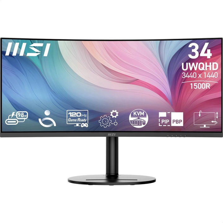 Monitor PC MSI Modern, 34 hüvelykes, UWQHD ívelt, 1500R, 3440x1440, beépített hangszórók