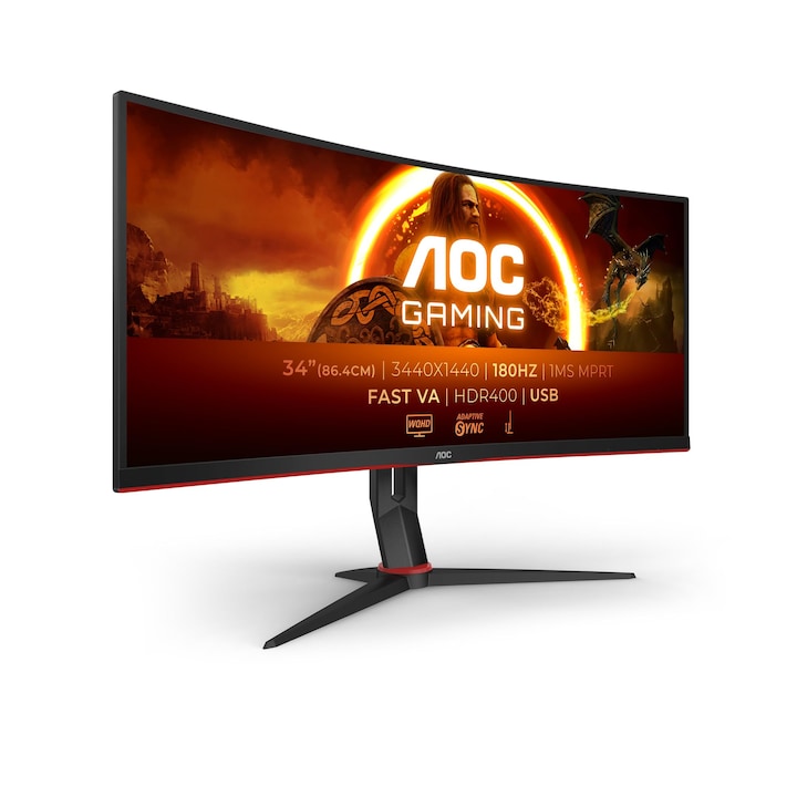 AOC Monitor Gaming VA LED AOC 34 CU34G2XP/BK, UWQHD (3440x1440), HDMI, DisplayPort, Ecran curbat, 180 Hz, 1 ms, Negru - imagine 1