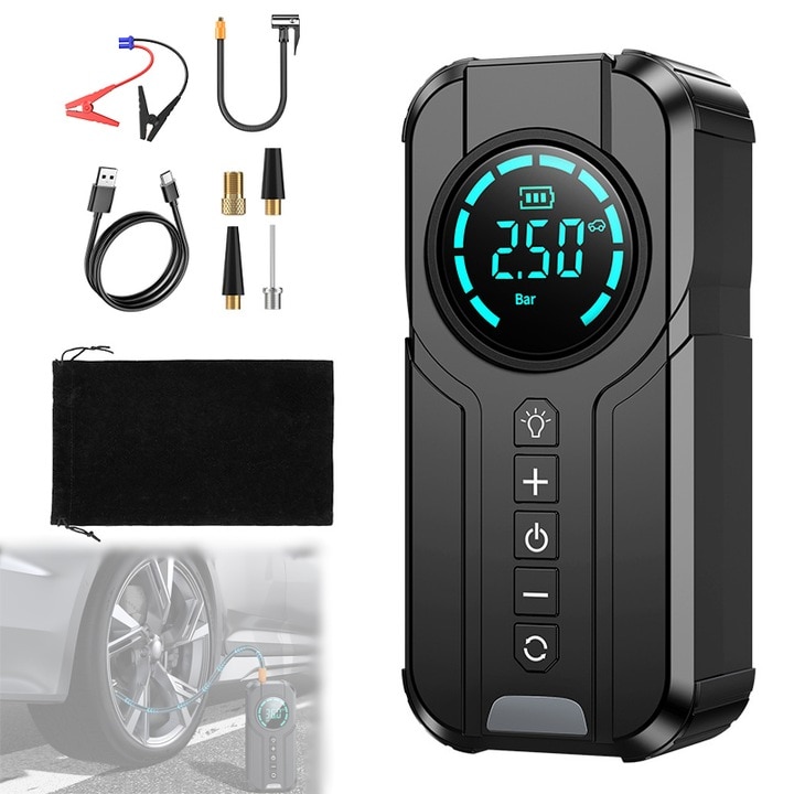 Compresor de aer auto Macvi® Smart, portabil si multifunctional, 6000mAh, 180PSI, lanterna LED SOS, baterie externa si accesorii complete