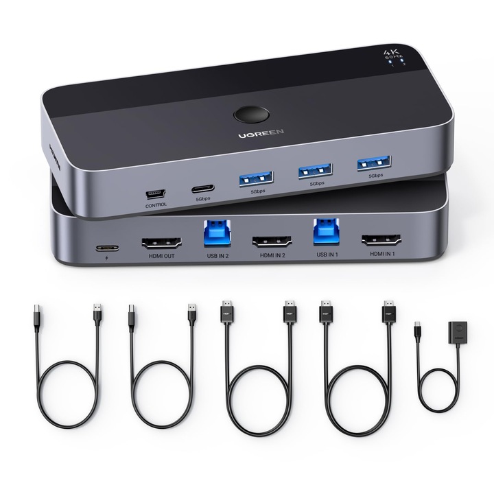 Kvm Kapcsoló Ugreen Hdmi 2.0 4K@60Hz, Usb 3.0 Kapcsoló, 4 Port (3 Usb 3.0 + Usb C), 1 Monitor, Billentyűzet, Egér, Nyomtató, U Lemez Megosztása 2 Számítógéphez 2 Usb Kábellel És 2 Hdmi Kábellel