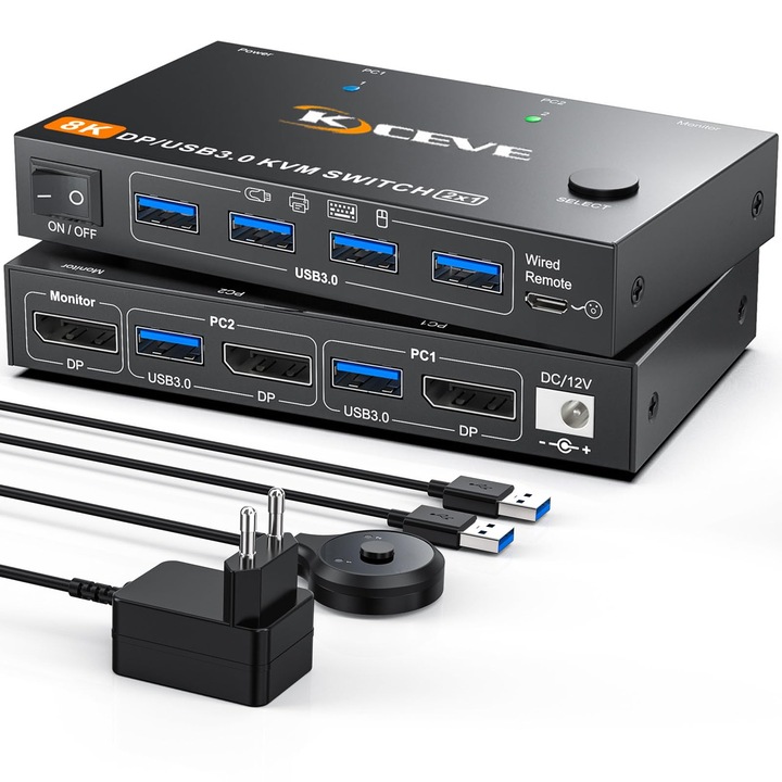 Youtinghdav Comutator Kvm 2 Pc-Uri 1 Monitor Displayport 4K@240Hz, 8K@60Hz, Usb 3.0 Comutator Kvm Displayport 2.1 Pentru 2 Pc-Uri Partajare Monitor Tastatura Mouse, Cu Telecomanda Cu Cablu Si Adaptor De Alimentare