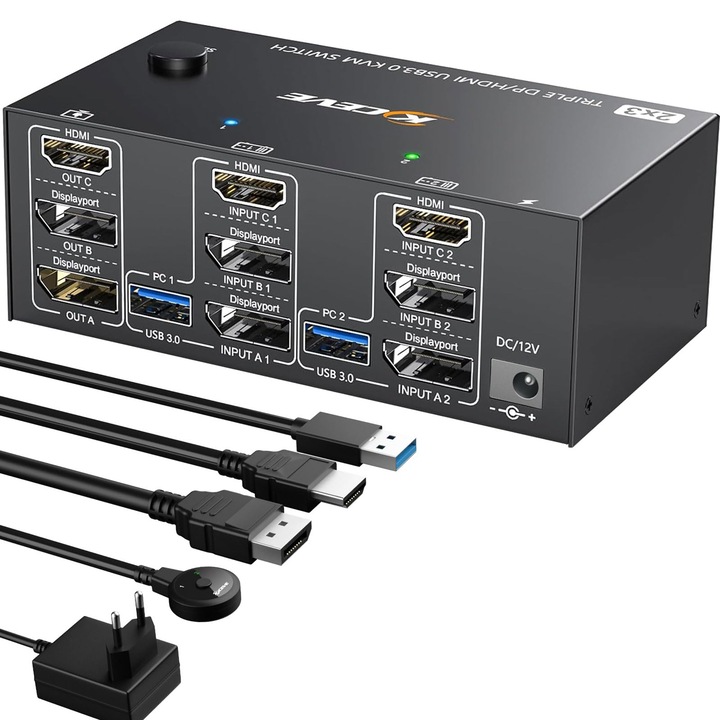 Youtinghdav Comutator Kvm Usb 3.0 Pentru 2 Pc-Uri, 3 Monitoare, 8K@60Hz, 4K@144Hz, Comutator Kvm Pentru Trei Monitoare, 2 Displayport-Uri + 1 Hdmi Pentru 2 Pc-Uri, Partajare 4 Dispozitive Usb, Mouse, Tastatura, Cu Telecomanda Cu Fir Si Adaptor De Ali