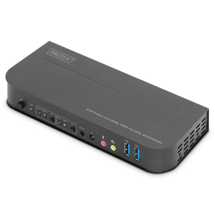 Comutator Kvm Hdmi Digitus – Afisaj Unic Cu 2 Porturi – 2 Pc-Uri 1 Monitor – 1X Mouse, Tastatura Si Sistem Audio Pentru 2 Computere – Uhd 4K@60Hz (4096 X 2160P) – Comutator Cu Taste Rapide – 2X Hub Usb 3.0 – Negru