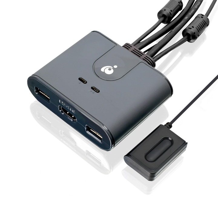 Comutator Kvm Hdmi Iogear Pentru 2 Pc-Uri Si 1 Monitor, 1080@60Hz Full Hd Pentru Mouse, Tastatura, Imprimanta, Cu Cablu Usb/Hdmi Si Telecomanda, Plug N Play, Compatibil Cu Win11/10, Mac