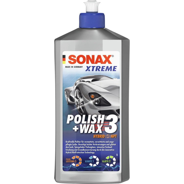 Autó polírozó oldat, Sonax Xtreme Polish+Wax 3, 500ml, professzionális