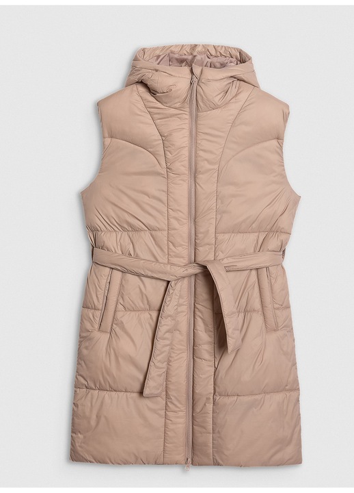 Vesta Lunga Dama Bej cu Gluga Ajustabila 4F, Poliamida, AW25, Ideala pentru Outdoor si Zile Racoroase