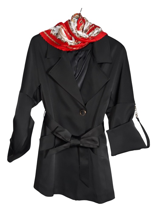 Trenci dama, L-line, scurt, cordon in talie, negru, Negru