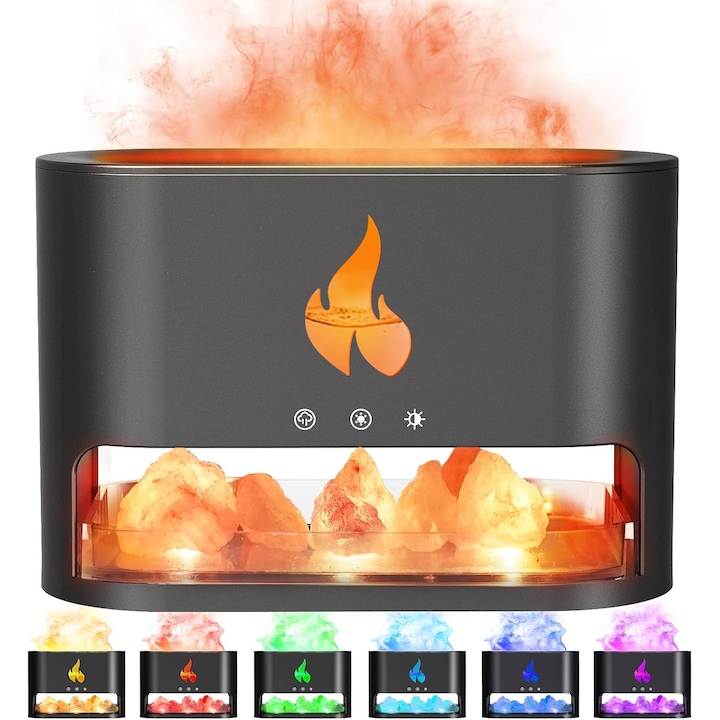 Difuzor de aromaterapie tip flacara, umidificator ultrasonic cu sare de Himalaya 250ml, lumina de noapte, oprire automata – ideal pentru dormitor, birou si casa, negru