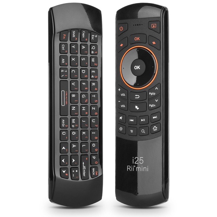 Комплект Rii Air Mouse с жироскоп, презареждаема безжична клавиатура, Qwertz, черен