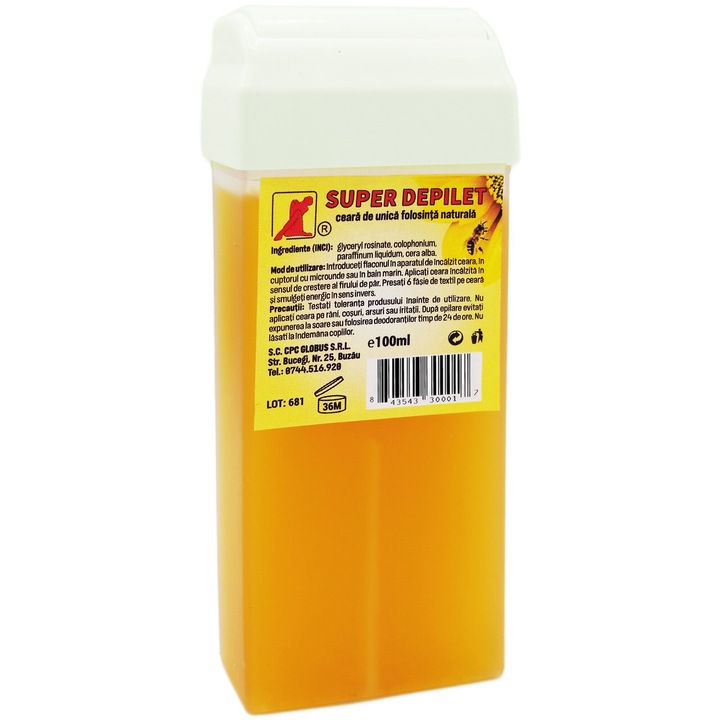 Ceara epilatoare naturala pentru toate tipurile de piele, fara aditivi, coloranti sau siliconi, cartus cu aplicator mare, 100ml, Super Depilet Globus
