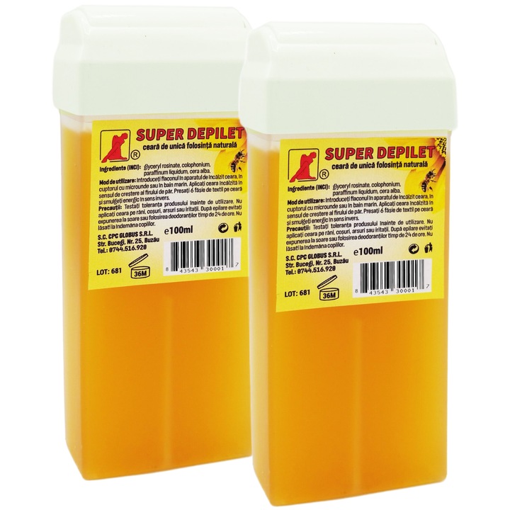 Set Ceara epilatoare naturala pentru toate tipurile de piele, fara aditivi, coloranti sau siliconi, cartus cu aplicator mare, 2x100ml, Super Depilet Globus