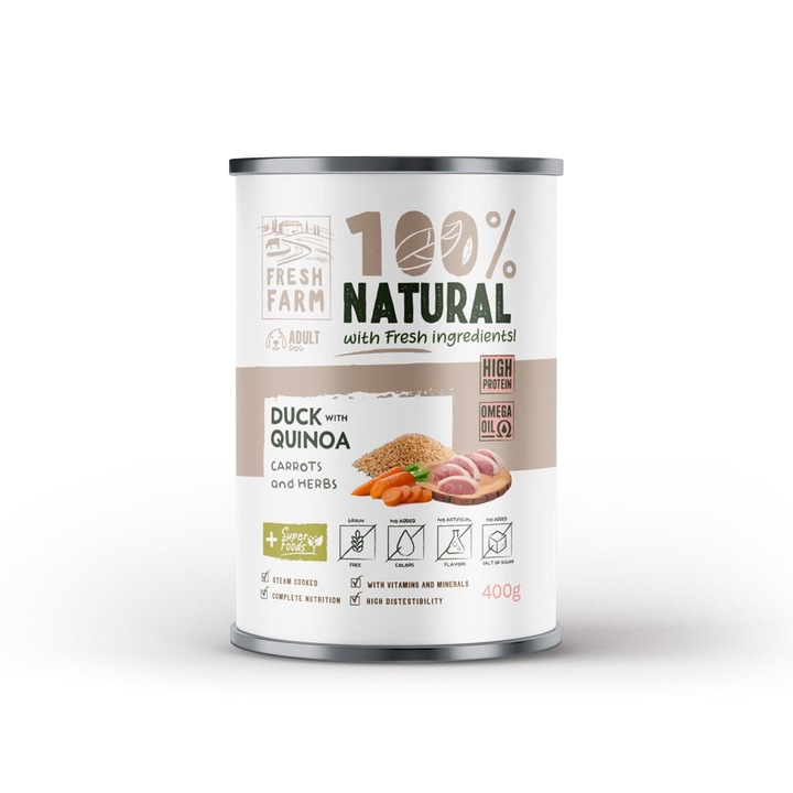 Fresh Farm nedves kutyaeledel, kacsával, quinoával és sárgarépával, 400 gr, gabonamentes, minden méretű kutyának
