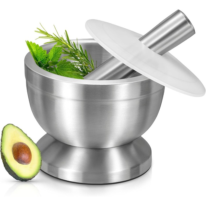 Mojar cu pistil si capac, BOMSTOM, Mortar si pistil din otel inoxidabil, mortar pentru tablete cu capac, baza antiderapanta pentru macinarea ierburilor, condimentelor, pastilelor, sigur pentru alimente, 250ml, Argintiu