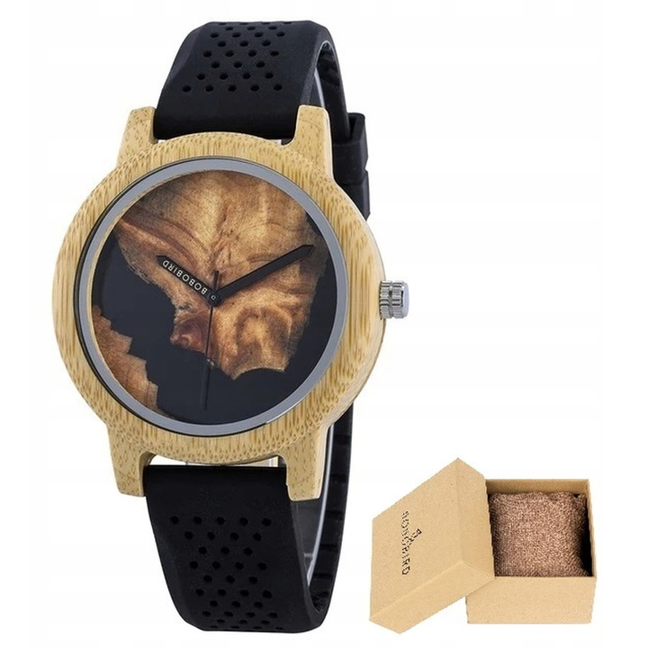 Caes de dama, Bobo Bird, T75-1, Quartz, Curea din Silicon, Carasca din Lemn, Negru si Maro