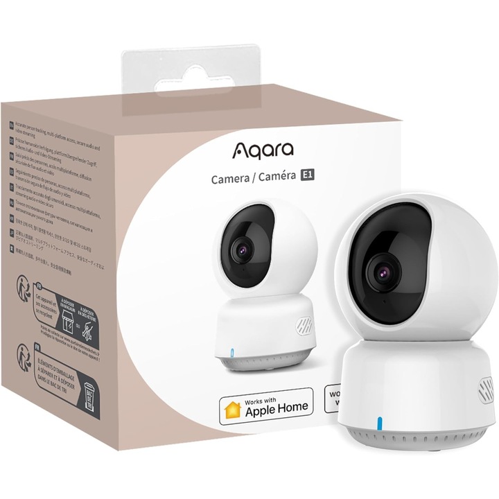 Охранителна камера Aqara 2K E1, Pan & Tilt, Homekit Secure Video, двупосочно аудио, нощно виждане, проследяване на хора, Wi-Fi 6, съвместима с Homekit, Alexa, Google Home, Smartthings, Ifttt