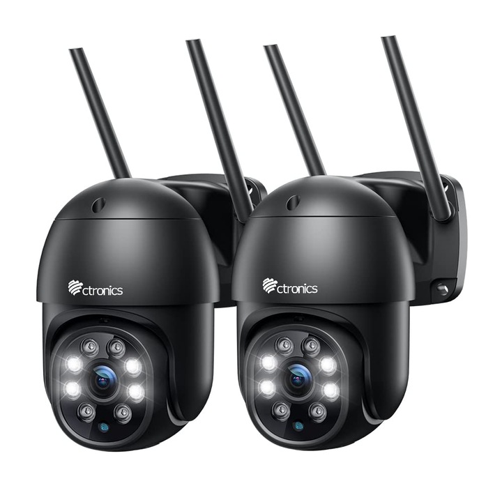 Камера Ctronics 2.5K 4Mp Wi-Fi, външна, охранителна, 2.4/5Ghz Wi-Fi IP PTZ камера за открито с автоматично проследяване, разпознаване на хора, цветно нощно виждане, двупосочно аудио, черен, 2 броя