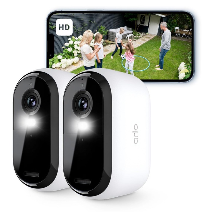 Camera De Securitate Exterioara Arlo Essential 2 Hd Alimentata Cu Baterie, Cu Wi-Fi, Wireless, Video 1080P, Vedere Nocturna Color, Lumina, Detector De Miscare, Sirena, Audio Bidirectional, Smart Home + Versiune De Proba A Planului Arlo Secure, Set De