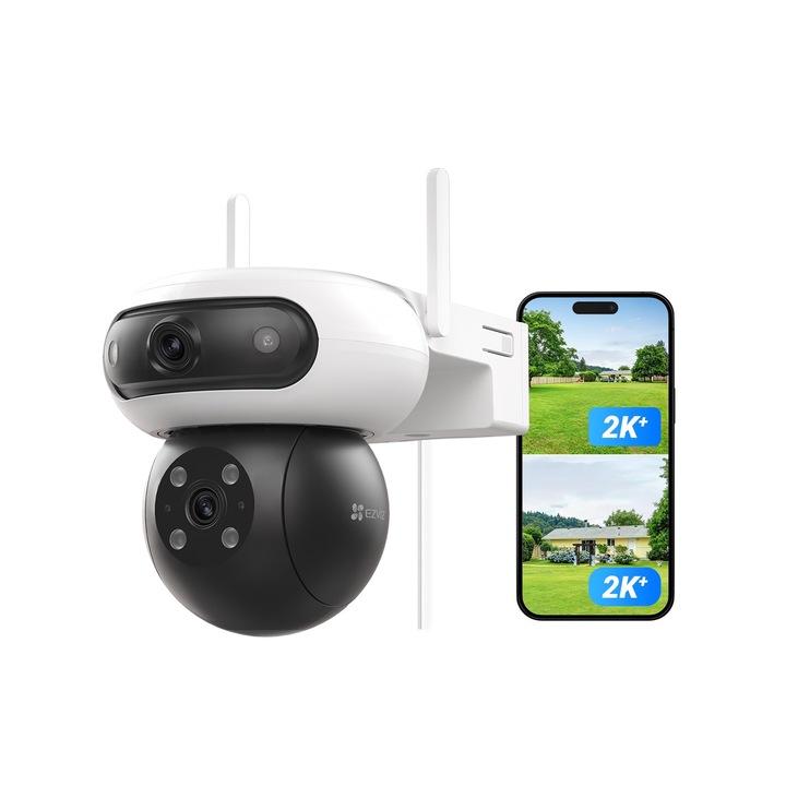 Външна камера за сигурност Ezviz 4Mp+4Mp Wifi с двойни лещи, 360° наблюдение, 40M цветно нощно виждане, двойно виждане, откриване на хора/превозни средства чрез изкуствен интелект, проследяване с автоматично увеличение, активна защита, C90 Dual