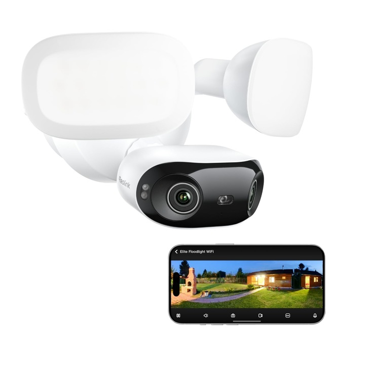 Външна камера за наблюдение Reolink Elite Floodlight, 4K, Wi-Fi 6, 180 панорамен изглед, регулируема светлина, бял