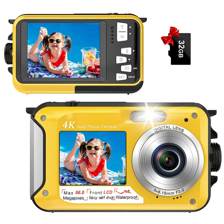 Víz alatti kamera, Uhd 4K 56Mp vízálló digitális fényképezőgép autofókusszal, 32 GB-os kártyával, szelfi kettős kijelzővel, 10 láb vízálló kamera sznorkelezéshez, sárga