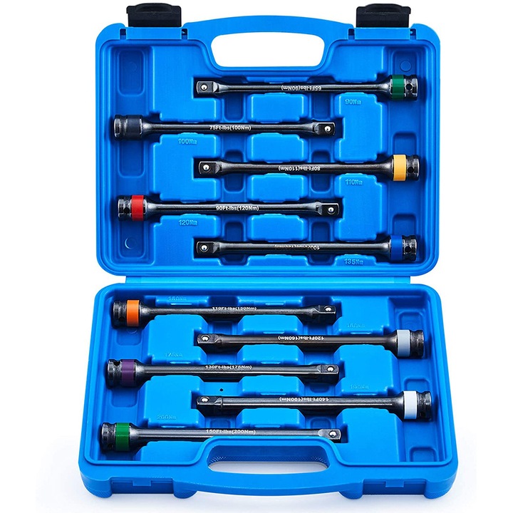 Set 10 Bare Extensie cu Limitator de Cuplu 1/2" 90-200Nm – Torque Stick Profesional pentru Cheie Impact Auto