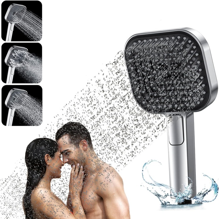 Para cap de dus patrata, BINYI, cu buton, cromata, presiune inalta, 3 jeturi, G1/2