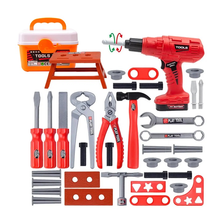 Set trusa de scule si unelte pentru copii cu 42 piese NEXTLY, bormasina electrica, chei, ciocan, surubelnite, cleste, patent, banc de lucru, sigur si durabil, realistic, pentru dezvoltarea copiilor