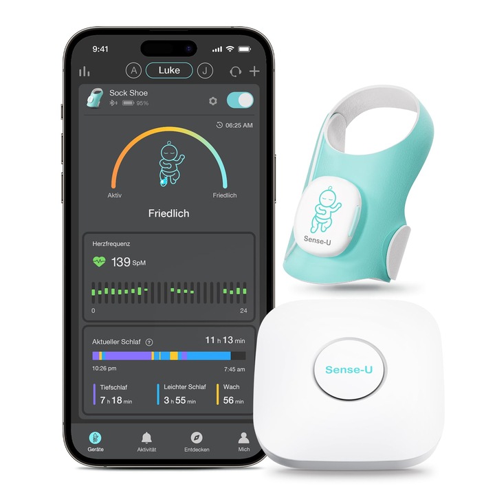 Монитор за бебета Sense-U Smart Sock Shoe, мониторинг на сърдечен ритъм и движение, дълъг обхват, комплект