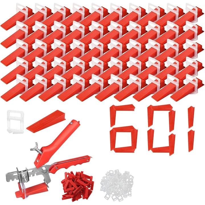 Set nivelare gresie si faianta 601 piese, rost 1 mm - kit profesional pentru montaj placi ceramice cu 500 de clipsuri, 100 de pene si cleste inclus