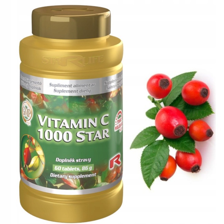 Supliment alimentar, Starlife, Vitamina C 1000 Star, 60 de comprimate, 1000 mg, vitamina naturala din macese, sustine imunitatea, efect antioxidant, reduce oboseala, SUA, pachetul contine 60 de comprimate, ingrediente naturale, certificat GMP, netestat