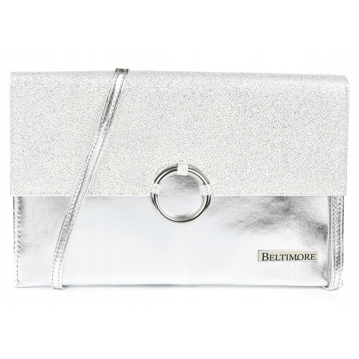 Női kézitáska, W63 modell, ezüst, ökológiai bőrből, mérete 29x18x4cm, fedéllel és egy rekesszel.