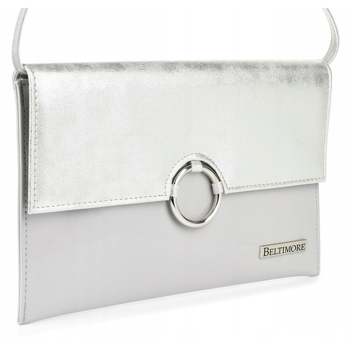 Női kézitáska, W63 modell, szürke-ezüst, ökológiai bőrből, méretei 29x18x4cm, egy rekesszel.